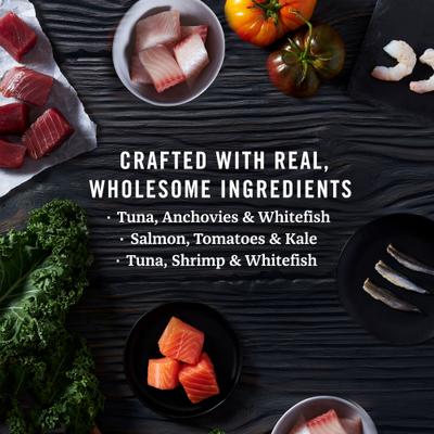 Show full view: Fancy Feast Flaked Fish & Shrimp Feast Canned Food + American Journey Landmark Broths Seafood Variety Pack Wet Cat Food Complement Pouches slide 8 of 9