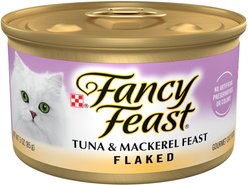 Fancy Feast Flaked Tuna & Mackerel Feast Wet Cat Food, 3-oz can, case of 24