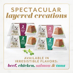 Fancy Feast Gems Mousse Salmon, Tuna, Chicken & Beef Halo of Savory Gravy Variety Pack Pate Wet Cat Food, 2-oz tray, 24 count