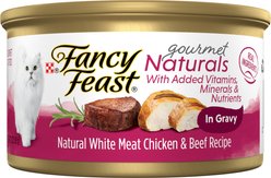 Fancy Feast Gourmet Naturals Natural White Meat Chicken & Beef Recipe In Gravy Canned Cat Food, 3-oz can, case of 12
