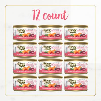 Show full view: Fancy Feast Gourmet Naturals Natural Wild Alaskan Salmon Recipe Grain-Free Pate Kitten Canned Cat Food, 3-oz can, case of 12 slide 3 of 10