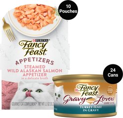 Fancy Feast Gravy Lovers Turkey Feast in Roasted Turkey Flavor Gravy Canned Cat Food, 3-oz, case of 24 + Appetizers Wild Alaskan Salmon Cat Treats, 1.1-oz tray, case of 10