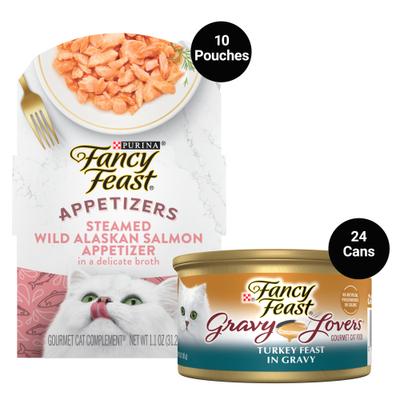 Show full view: Fancy Feast Gravy Lovers Turkey Feast in Roasted Turkey Flavor Gravy Canned Cat Food, 3-oz, case of 24 + Appetizers Wild Alaskan Salmon Cat Treats, 1.1-oz tray, case of 10 slide 1 of 9