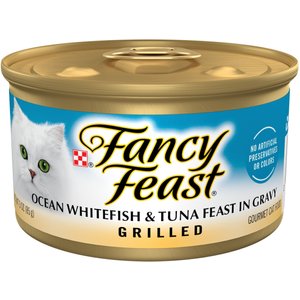 Fancy Feast Grilled Ocean Whitefish & Tuna Feast in Gravy Canned Cat Food, 3-oz, case of 24