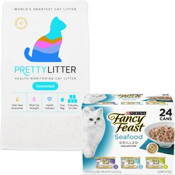 Fancy Feast Grilled Seafood Feast Variety Pack Canned Food, 3-oz, case of 24 + PrettyLitter Cat Litter