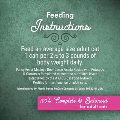 Show full view: Fancy Feast Medleys Beef Carne Asada Recipe with Potatoes & Carrots in Savory Juices Wet Cat Food, 3-oz can, case of 24 slide 9 of 11