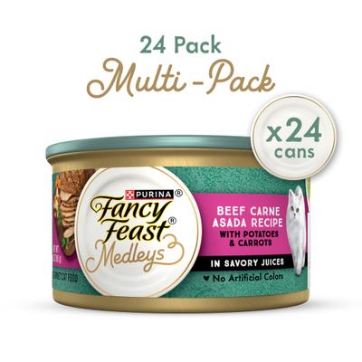 Show full view: Fancy Feast Medleys Beef Carne Asada Recipe with Potatoes & Carrots in Savory Juices Wet Cat Food, 3-oz can, case of 24 slide 3 of 11