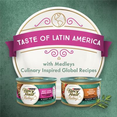 Show full view: Fancy Feast Medleys Latin America Variety Pack Chunks in Gravy Wet Cat Food, 3-oz can, case of 12 slide 9 of 11