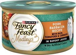 Fancy Feast Medleys Pork Barbacoa with Rice, Tomatoes & Carrots in Savory Juices Wet Cat Food, 3-oz can, case of 24