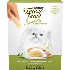 Fancy Feast Savory Puree Naturals Chicken Flavored in a Demi-Glace Squeezable Lickable Adult Cat Treats, 0.32-oz tube, case of 12