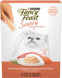 Fancy Feast Savory Puree Naturals Salmon & Tuna Flavored in a Demi-Glace Squeezable Lickable Adult Cat Treats, 0.32-oz tube, case of 12