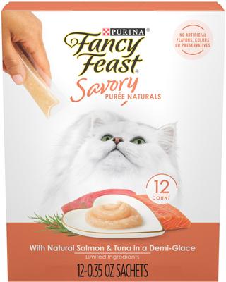 Show full view: Fancy Feast Savory Puree Naturals Salmon & Tuna Flavored in a Demi-Glace Squeezable Lickable Adult Cat Treats, 0.32-oz tube, case of 12 slide 1 of 12