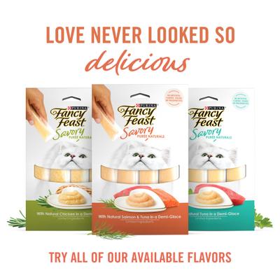 Show full view: Fancy Feast Savory Puree Naturals Salmon & Tuna Flavored in a Demi-Glace Squeezable Lickable Adult Cat Treats, 0.32-oz tube, case of 12 slide 8 of 12