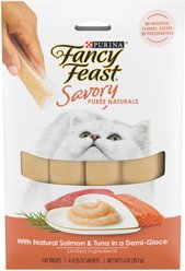 Fancy Feast Savory Puree Naturals Salmon & Tuna Flavored in a Demi-Glace Squeezable Lickable Adult Cat Treats, 0.35-oz tube, case of 4