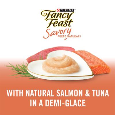 Fancy Feast Savory Puree Naturals Salmon & Tuna Flavored in a Demi-Glace Squeezable Lickable Adult Cat Treats, 0.35-oz tube