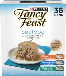 Fancy Feast Seafood Classic Pate Collection Variety Pack Grain-Free Wet Cat Food, 3-oz can, case of 36