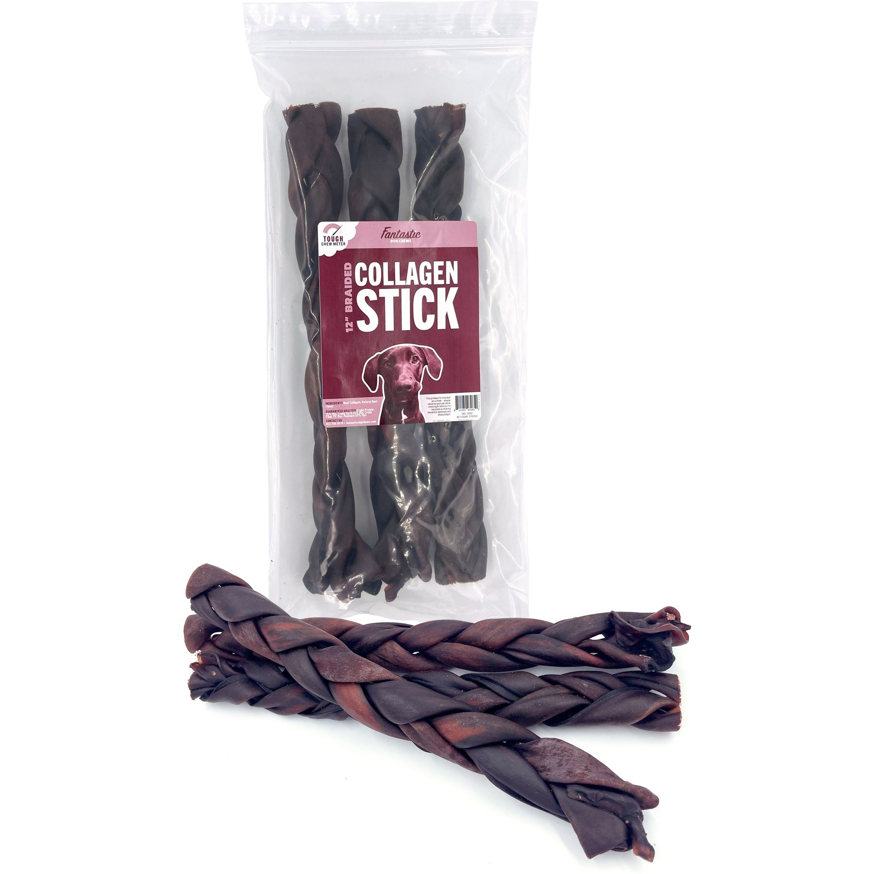 Fantastic Dog Chews 12-inch Braided Collagen Bully Stick Dog Chew, 3 count