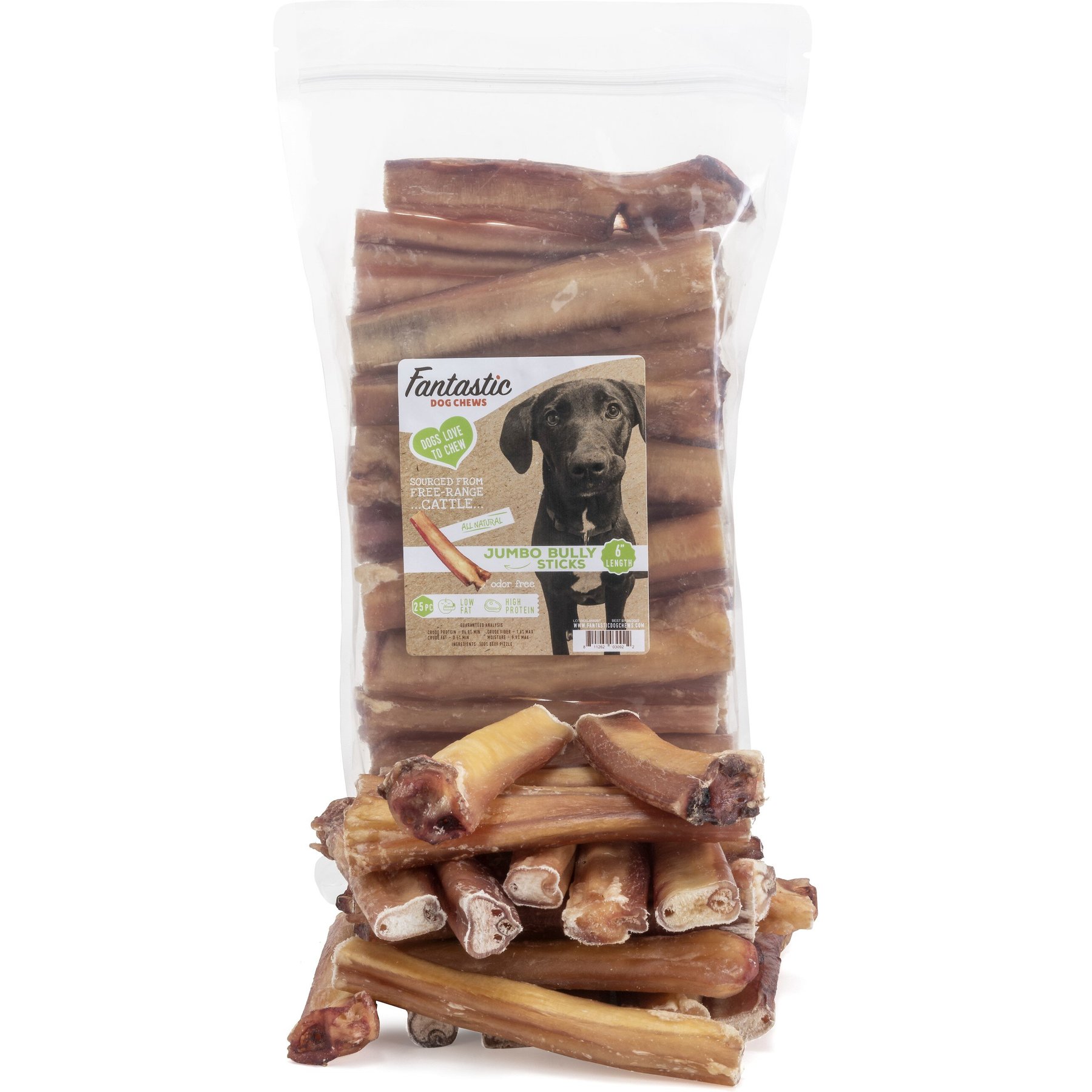 Fantastic Dog Chews Jumbo Bully Sticks Grain-Free Dog Treats, 25 count, 6-in