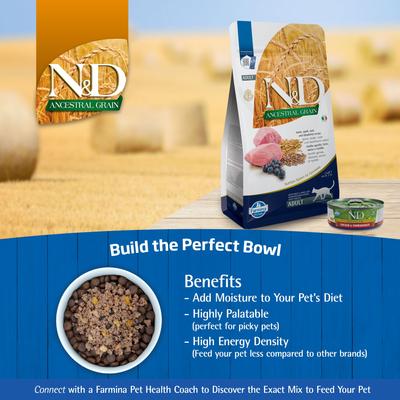 Show full view: Farmina N&D Ancestral Lamb & Blueberry Low-Grain Dry Cat Food, 3.3-lb bag slide 8 of 11