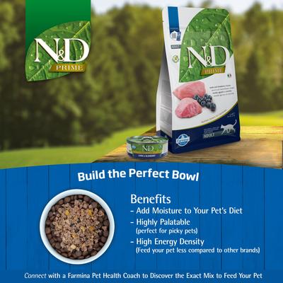 Show full view: Farmina N&D Prime Lamb & Blueberry Recipe Adult Cat Dry Food, 3.3-lb bag slide 8 of 10