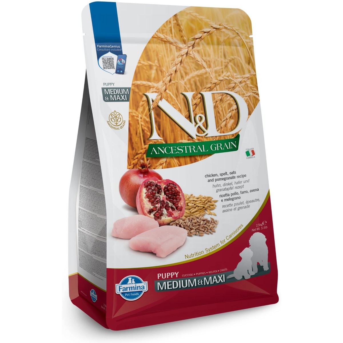 Farmina N&D Ancestral Grain Chicken & Pomegranate Medium & Maxi Puppy Dry Dog Food, 5.5-lb bag