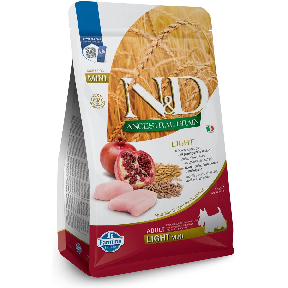 Farmina N&D Ancestral Grain Chicken & Pomegranate Mini Light Dry Dog Food, 5.5-lb bag