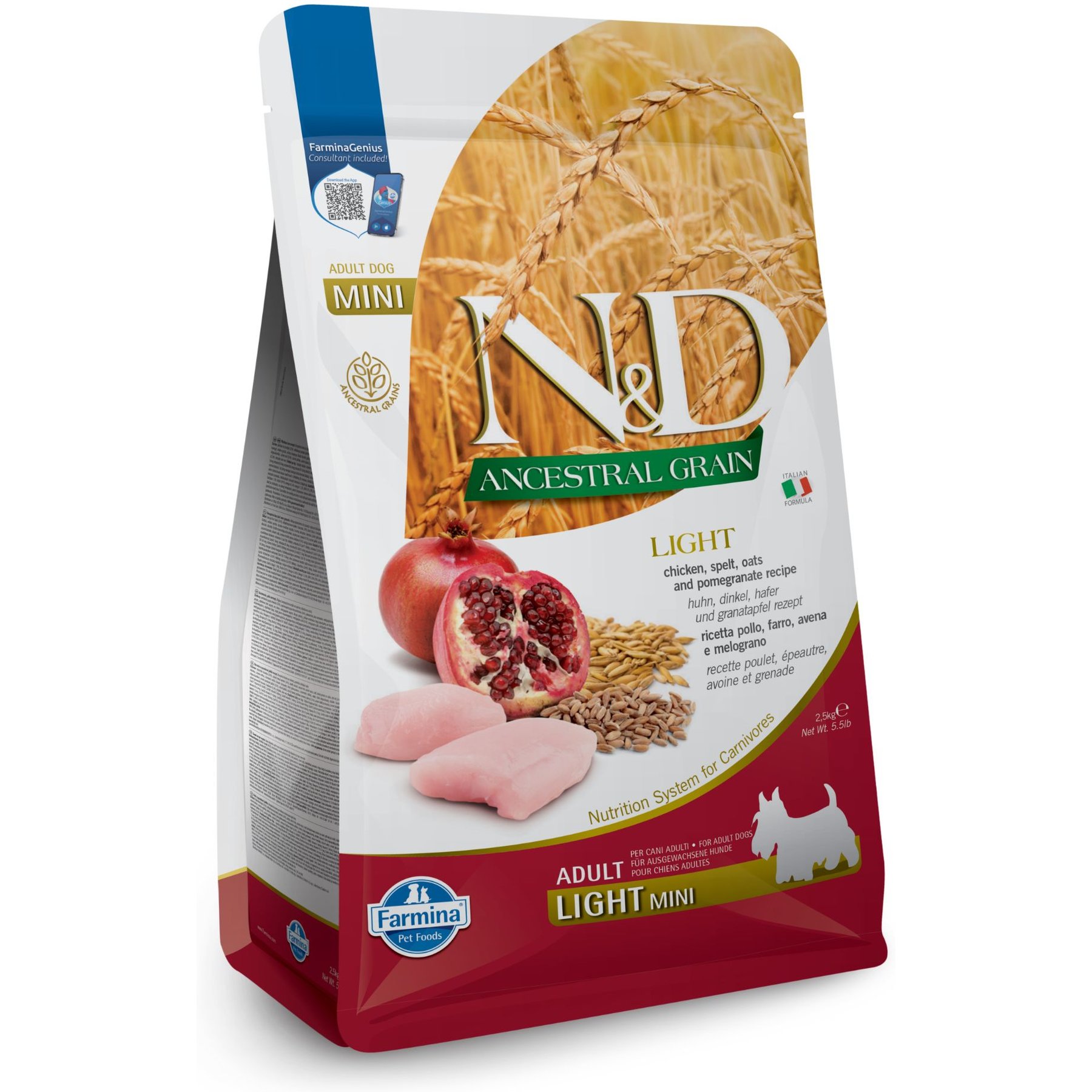 Farmina N&D Ancestral Grain Chicken & Pomegranate Mini Light Dry Dog Food, 5.5-lb bag