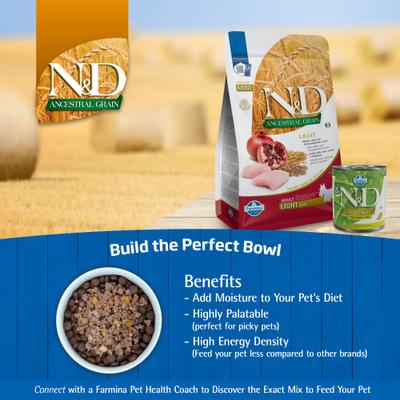Show full view: Farmina N&D Ancestral Grain Chicken & Pomegranate Recipe Medium & Maxi Adult Light Dry Dog Food, 5.5-lb bag slide 8 of 11