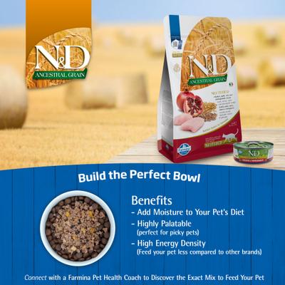 Show full view: Farmina N&D Ancestral Grain Chicken & Pomegranate Recipe Neutered Cat Dry Food, 3.3-lb bag slide 8 of 11