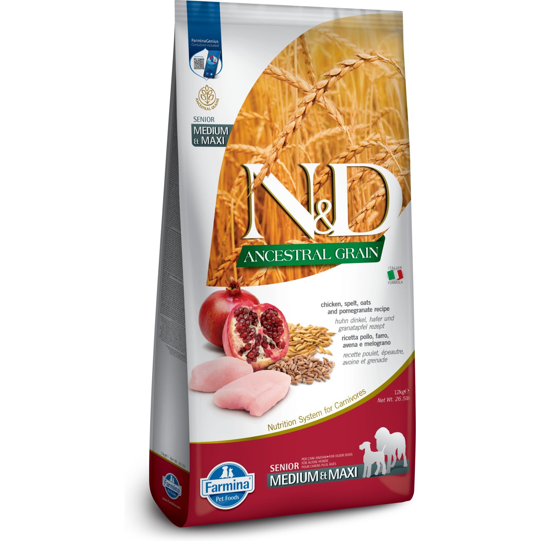 Farmina N&D Ancestral Grain Chicken & Pomegranate Medium & Maxi Senior Dry Dog Food, 26.5-lb bag