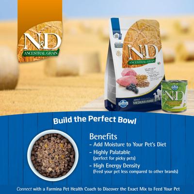 Show full view: Farmina N&D Ancestral Grain Lamb & Blueberry Medium & Maxi Adult Dry Dog Food, 26.5-lb bag slide 7 of 9