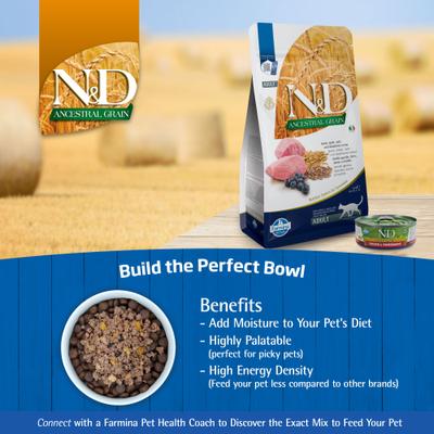Show full view: Farmina N&D Ancestral Lamb & Blueberry Low-Grain Dry Cat Food, 11-lb bag slide 8 of 11