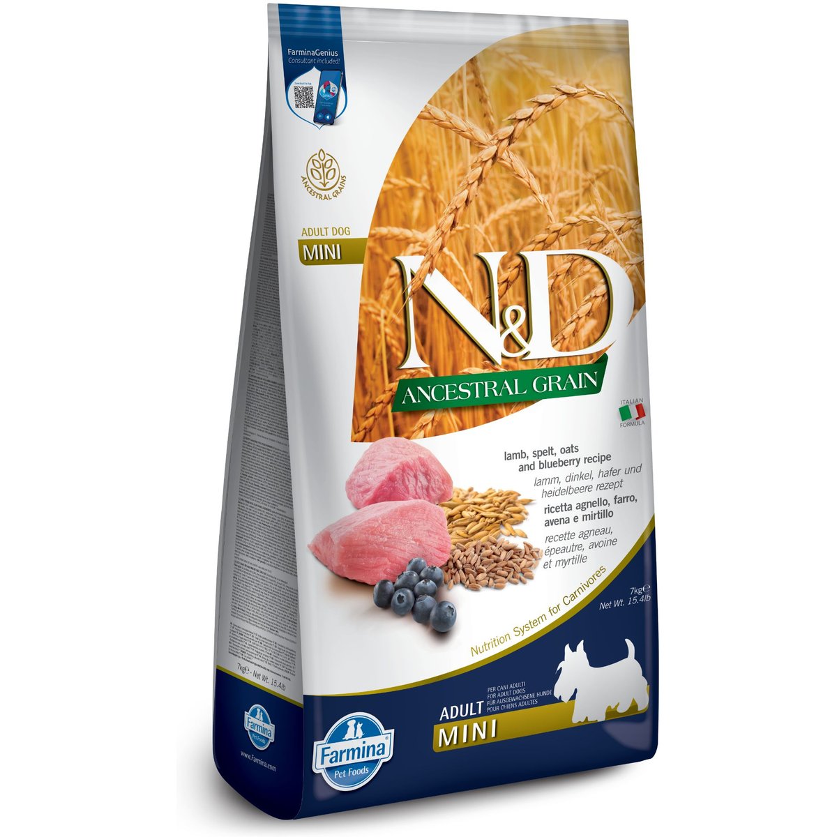 Farmina N&D Ancestral Grain Lamb & Blueberry Recipe Adult Mini Breed Dry Dog Food, 15.4-lb bag