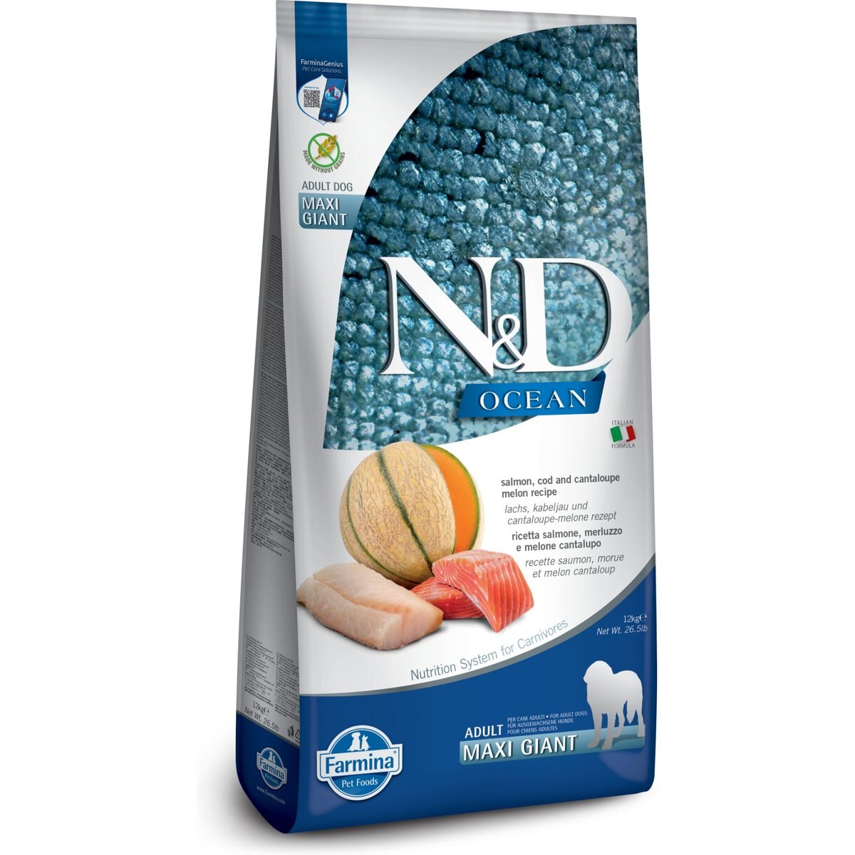 Farmina N&D Ocean Canine Adult GMO-Free Salmon Cod Cantaloupe Maxi Giant Dry Dog Food, 26.5-lb bag