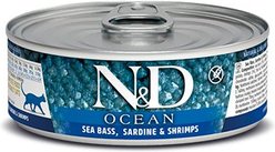 Farmina N&D Ocean Sea Bass, Sardine & Shrimp Grain-Free Wet Cat Food, 2.46-oz can, case of 24