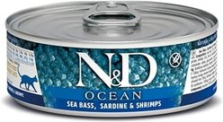 Farmina N&D Ocean Sea Bass, Sardine & Shrimp Grain-Free Wet Cat Food, 2.46-oz can, case of 6