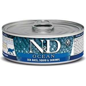Farmina N&D Ocean Sea Bass & Squid & Shrimp Grain-Free Wet Cat Food, 2.46-oz can, case of 6