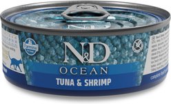 Farmina N&D Ocean Tuna & Shrimp Grain-Free Wet Cat Food, 2.46-oz can, case of 24