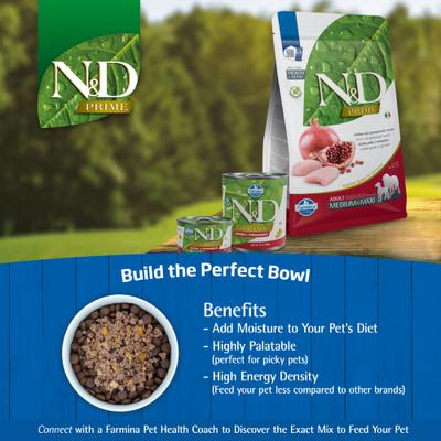 Show full view: Farmina N&D Prime Chicken & Pomegranate Medium & Maxi Adult Grain-Free Dry Dog Food, 5.5-lb bag slide 8 of 11