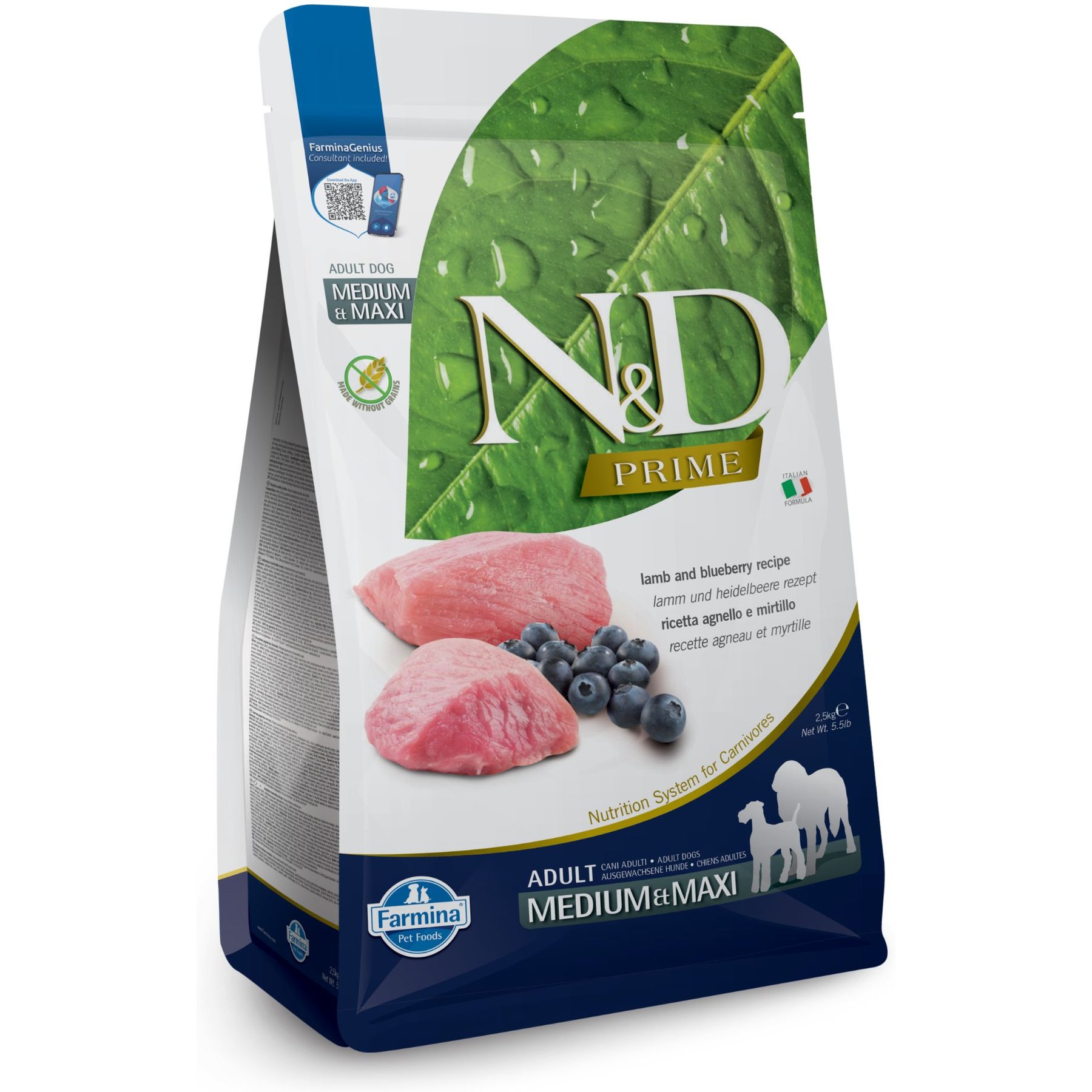Farmina N&D Prime Lamb & Blueberry Medium & Maxi Adult Grain-Free Dry Dog Food, 5.5-lb bag