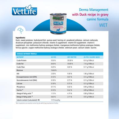 Show full view: Farmina Vet Life Derma Management with Duck Recipe In Gravy Wet Dog Food, 10.6-oz can, case of 6 slide 6 of 9