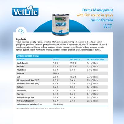 Show full view: Farmina Vet Life Derma Management with Fish Recipe In Gravy Wet Dog Food, 10.6-oz can, case of 6 slide 6 of 9