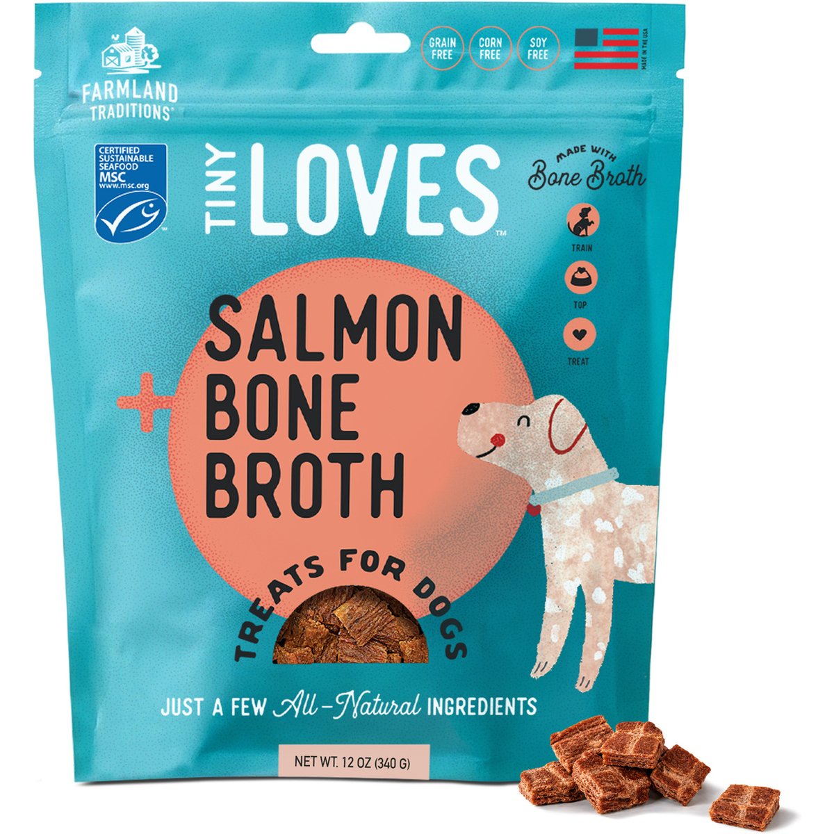 Farmland Traditions Tiny Loves Salmon with Bone Broth Flavored Jerky Dog Trainer Treats, 12-oz pouch
