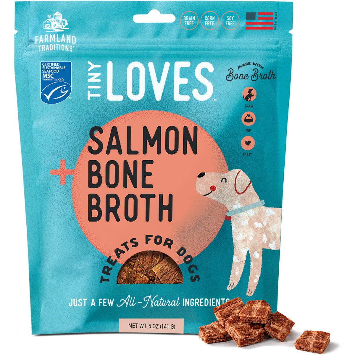 Farmland Traditions Tiny Loves Salmon with Bone Broth Flavored Jerky Dog Trainer Treats, 5-oz pouch