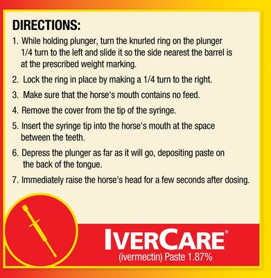 Show full view: Farnam Ivercare Ivermectin 1.87% Paste Horse Dewormer, Apple Flavor, .26-oz syringe, 1 count slide 6 of 9