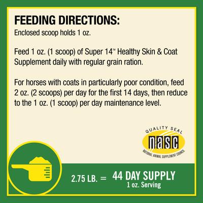 Show full view: Farnam Super 14 Healthy Skin & Coat Granules Horse Supplement, 2.75-lb tub slide 8 of 10