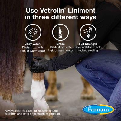 Show full view: Farnam Vetrolin Sore Muscle & Joint Pain Relief Horse Liniment Concentrate, 1-qt bottle slide 4 of 11