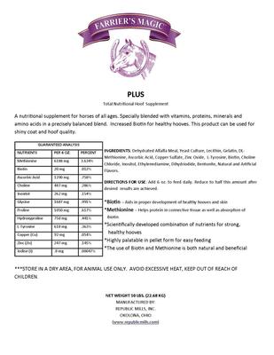 Show full view: Farrier's Magic PLUS Hoof Health Hay Flavor Pellets Horse Supplement, 50-lb bag slide 3 of 4