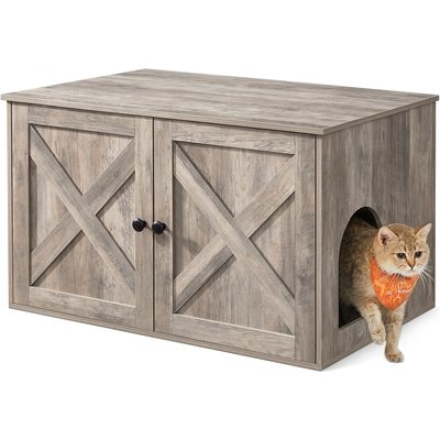 FEANDREA FEANDREA Furniture Style Barn Door End Table Cat Litter Box Enclosure, Greige, 31.5-in