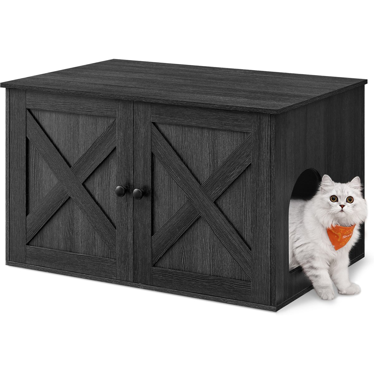FEANDREA Furniture Style Barn Door End Table Cat Litter Box Enclosure, Ink Black, 31.5-in